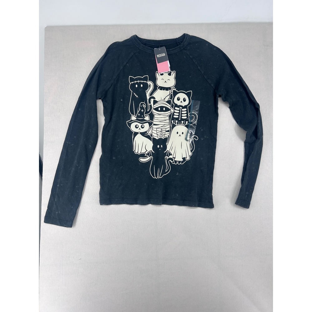 Special Thanks Kids Black Mineral Wash Halloween Cat Graphic Long Sleeve Shirt M
